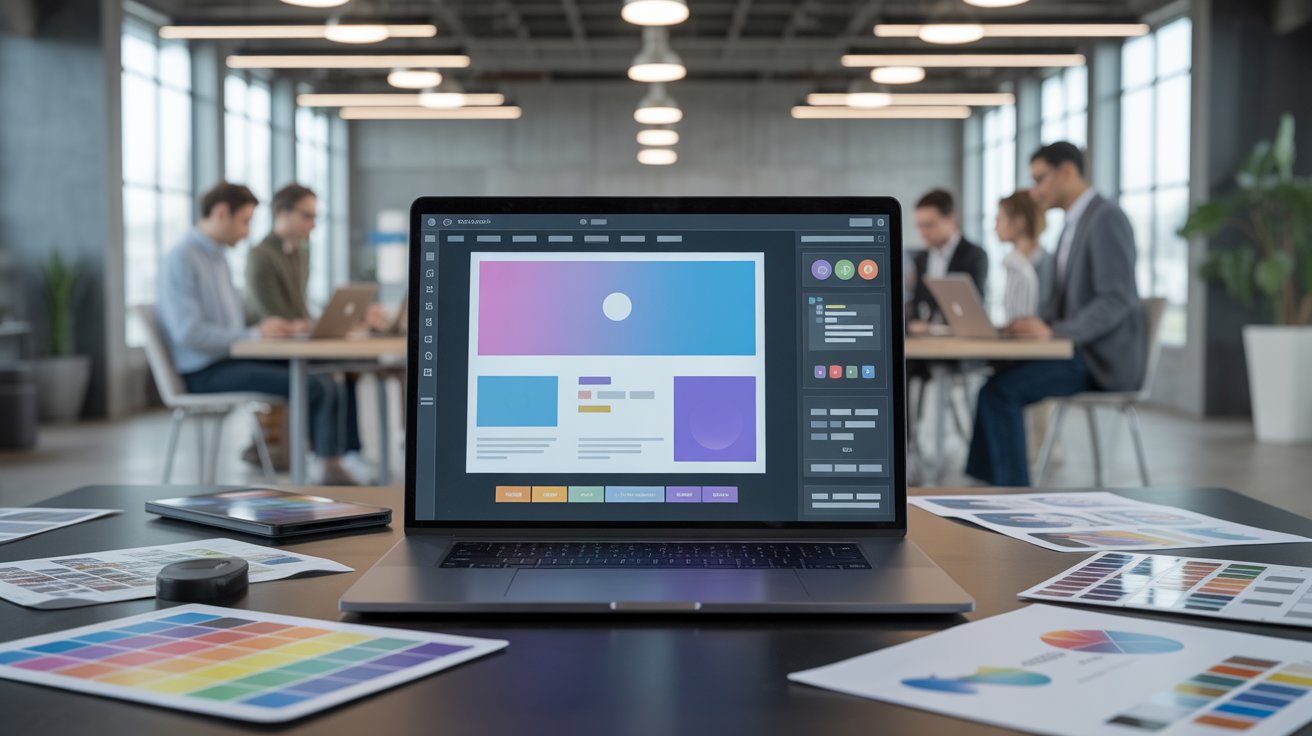 A laptop displaying colorful design software sits on a table surrounded by color swatches and tech devices. In the background, people work together in an office.