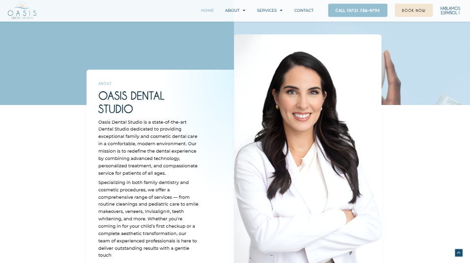 Dental professional smiling in a white coat stands beside text detailing Oasis Dental Studio's services. The tone is modern and welcoming.