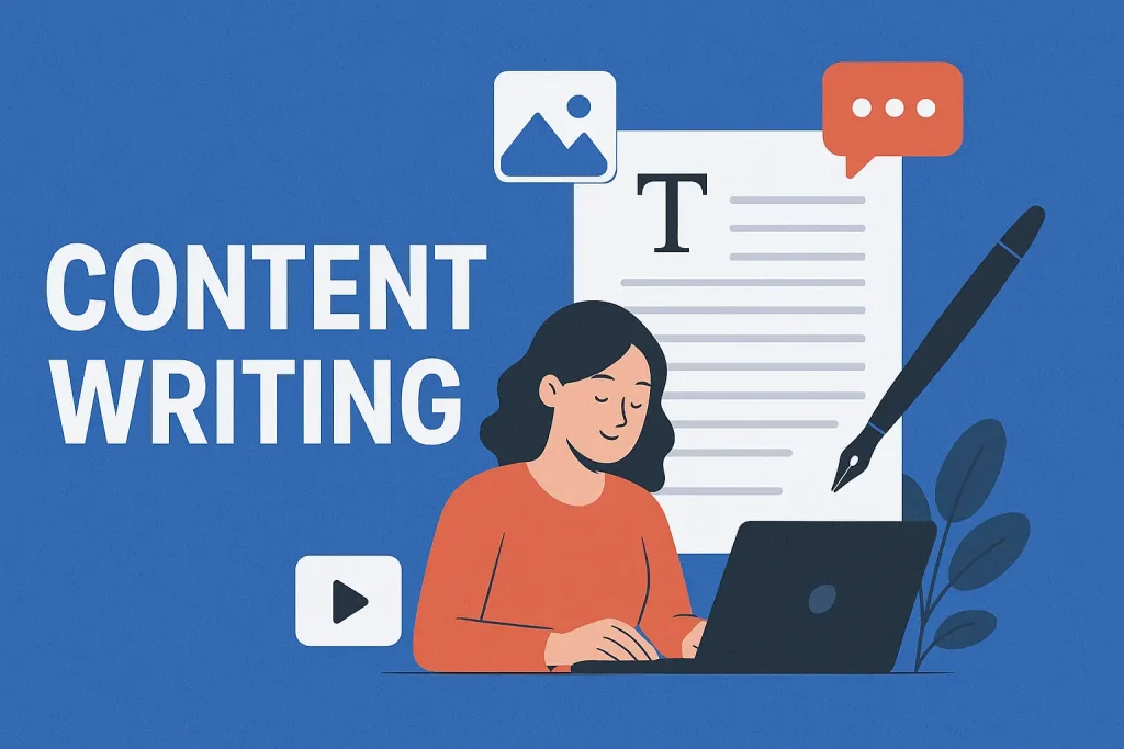 Illustration of a woman typing on a laptop, surrounded by icons of a document, image, and chat bubble, with "Content Writing" text. The tone is productive.