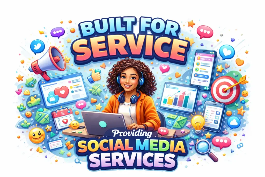 Woman using a laptop with social media icons, graphs, and a megaphone.