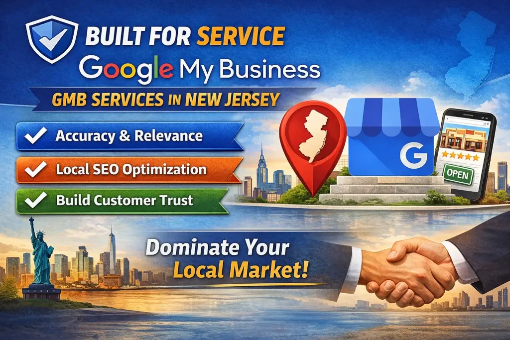 Google My Business services ad featuring a checklist, map pin, storefront, and NYC skyline.
