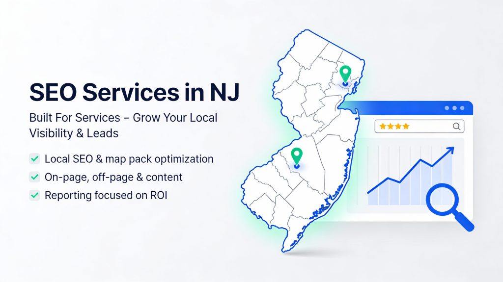 SEO Services in NJ banner. Features a map of New Jersey with location pins. Highlights benefits like local SEO, content optimization, and ROI reporting. Includes a chart with upward trend next to a web browser window with a search bar.