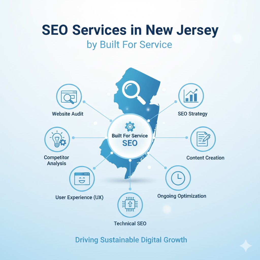 Blue graphic showcasing SEO services in New Jersey by Built For Service. Features a New Jersey map with icons for SEO tasks like audit and strategy.