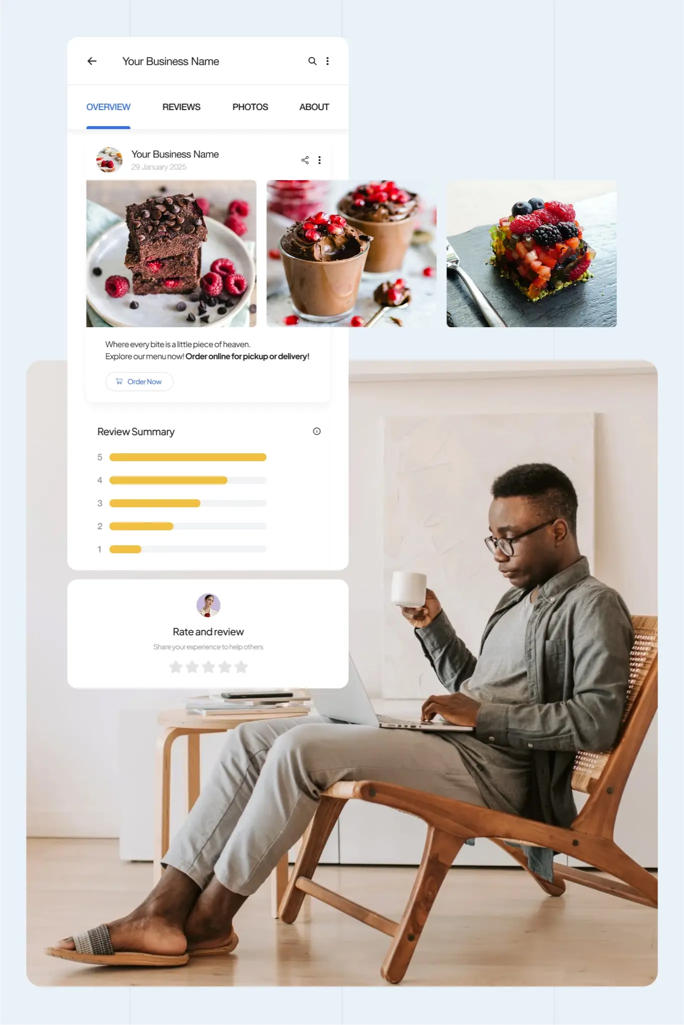 Man reviewing dessert products and ratings on a business review website.