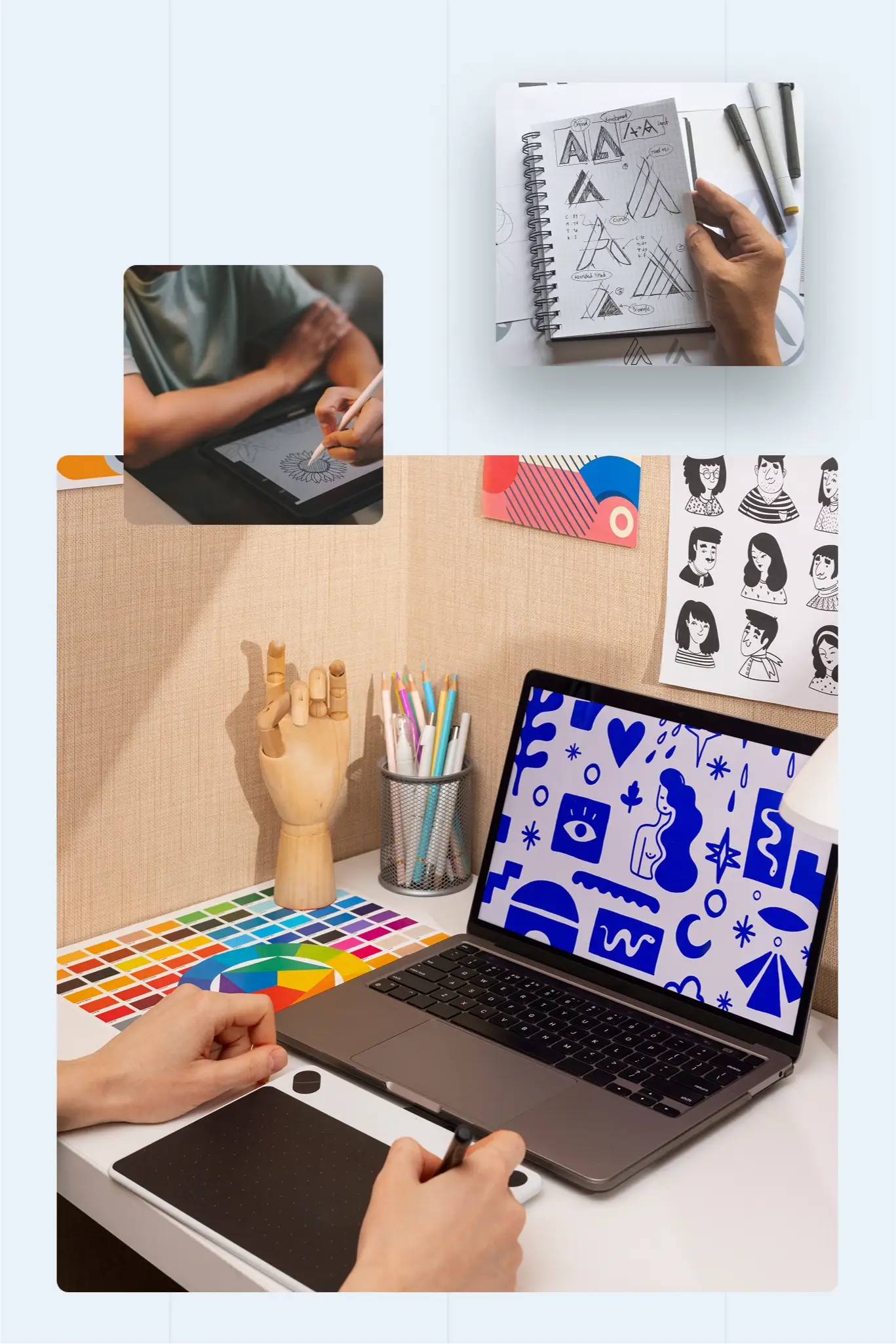 Designer creating geometric sketches with a pen and tablet beside a laptop.