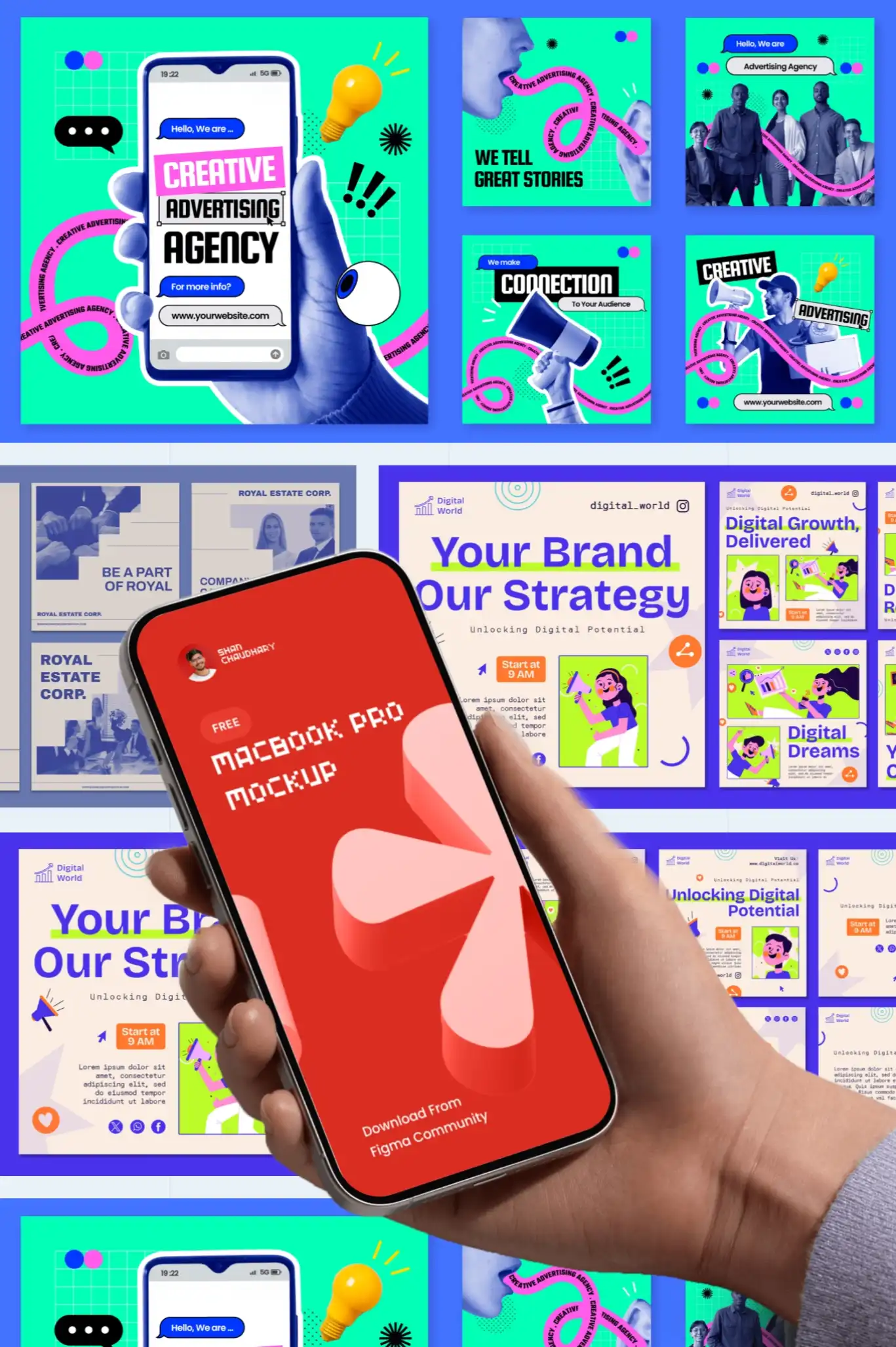Digital marketing graphics featuring creative advertising and brand strategy concepts.