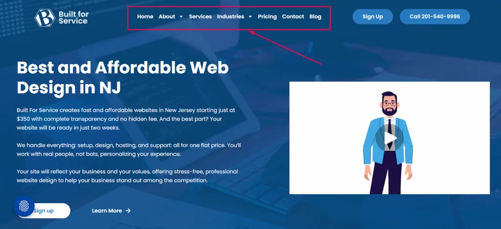 Website homepage with blue theme, text "Best and Affordable Web Design in NJ." Includes navigation bar, contact number, sign-up button, and animation of a man.