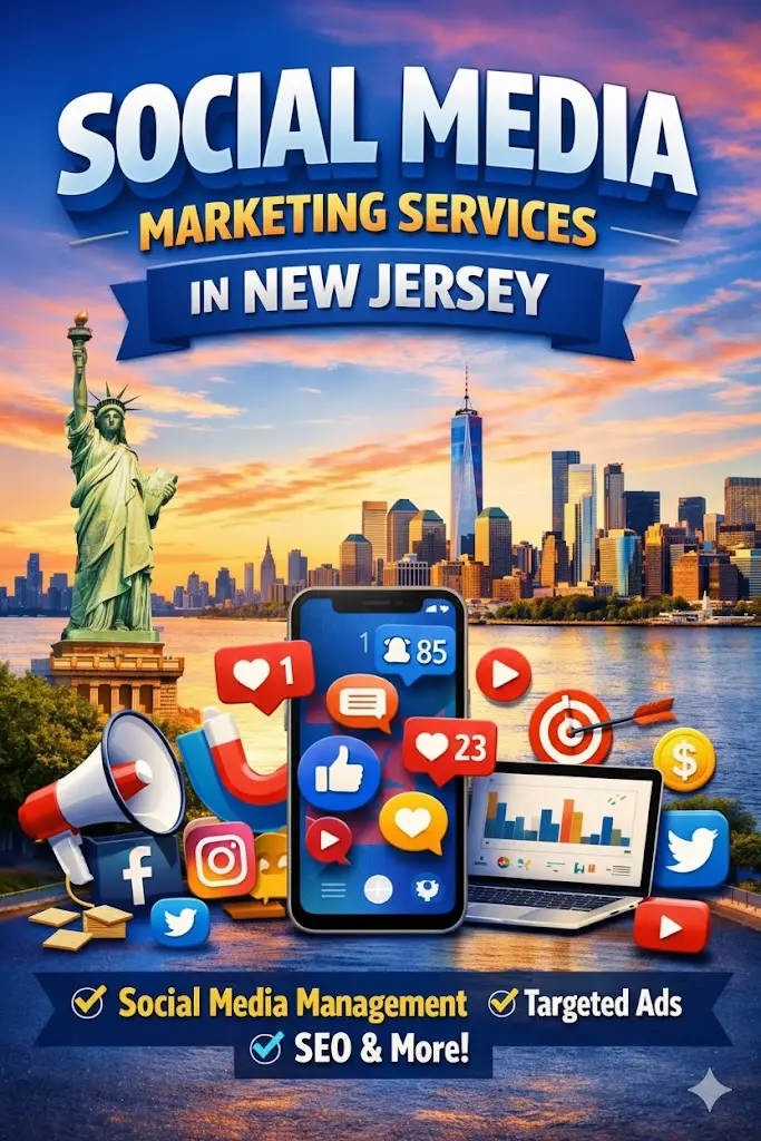 Social media marketing graphic featuring New Jersey, NYC skyline, and social media icons.