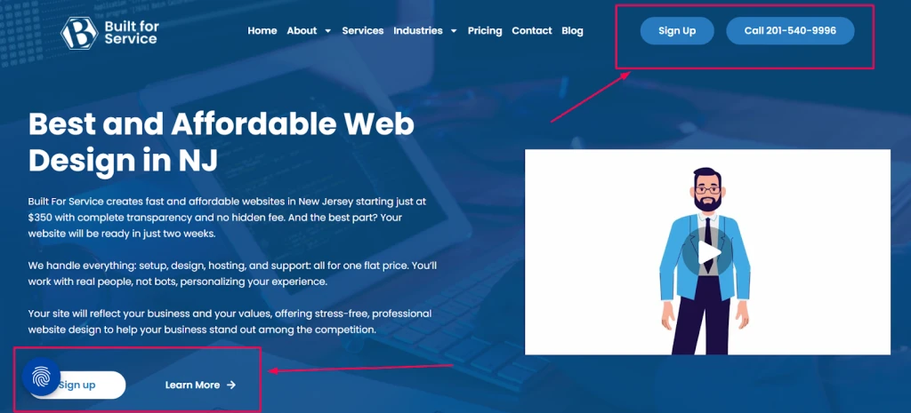 Website homepage with blue theme, text "Best and Affordable Web Design in NJ." Includes navigation bar, contact number, sign-up button, and animation of a man.