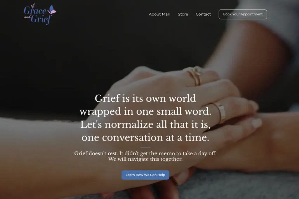 Of Grace and Grief website designed by Built For Service, featuring personalized grief support and coaching in Bergen County, NJ.