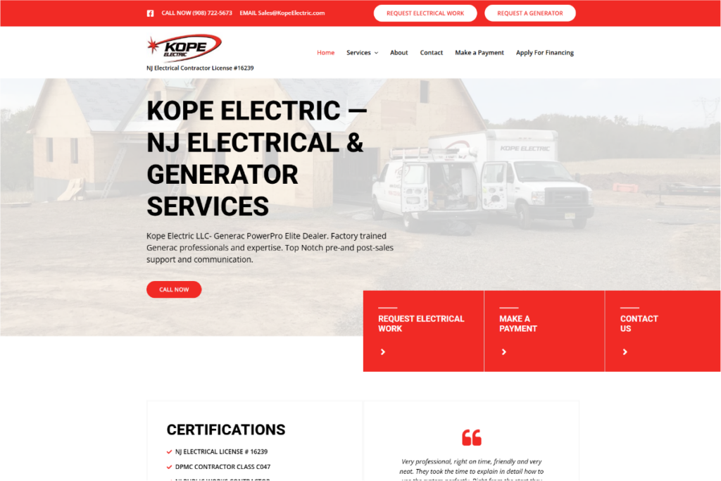 Kope Electric website home page, built by Built For Service