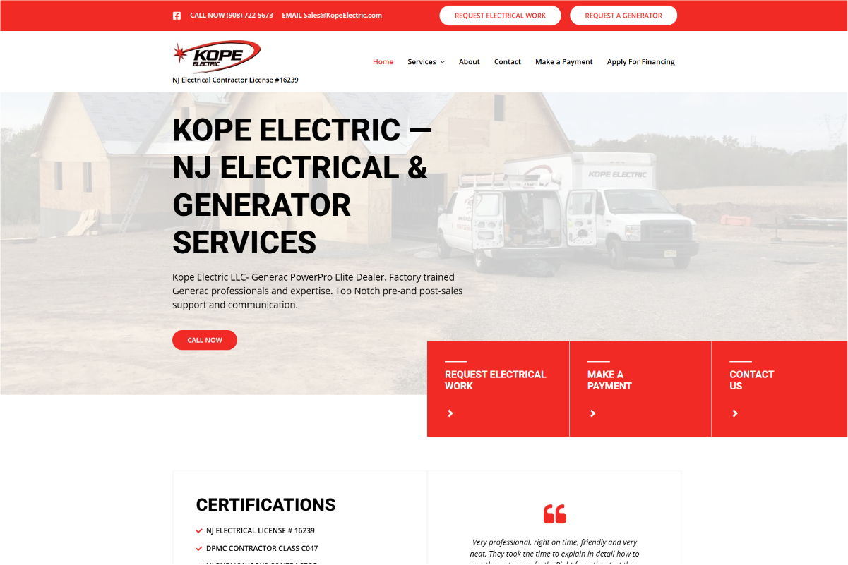 Kope Electric website home page, built by Built For Service